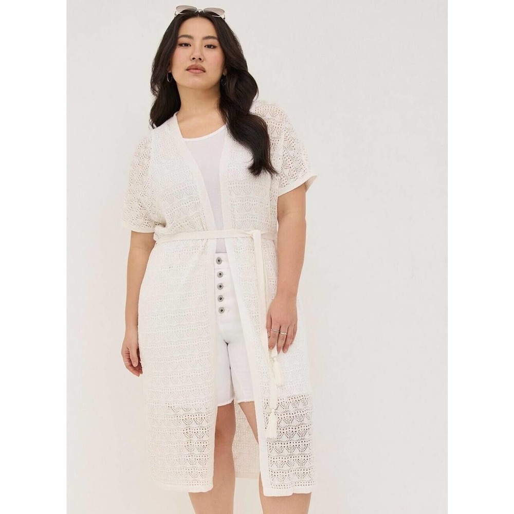 Torrid White‎ Open Crochet Short Sleeve Tie Waist Duster Sweater Womans Size 2x